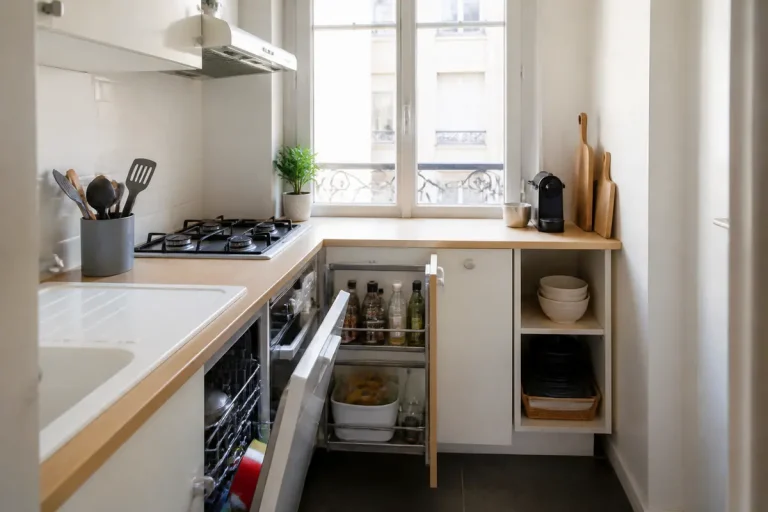 Petite cuisine de 4m2 aménagée avec rangements astucieux et électroménager moderne