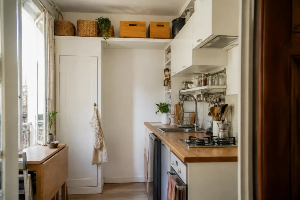 Petite cuisine optimisée avec rangement astucieux et plantes pour l'aménagement d'une cuisine de 6m2