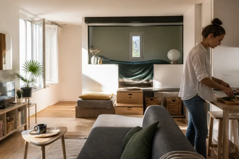 Femme cuisinant dans un aménagement de studio de 30 m2 avec espace de vie lumineux