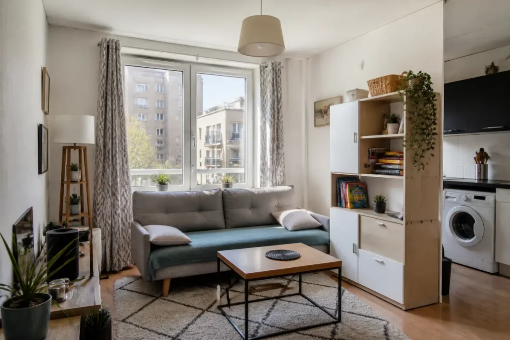 Petit salon lumineux avec canapé gris, étagères, plantes et conseils pour aménager un petit salon