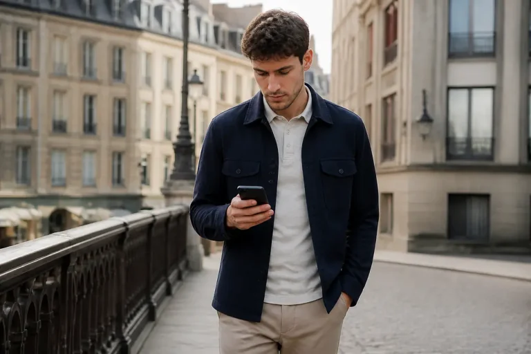 Un homme élégant dans la rue, concentré sur son téléphone portable, style brice homme mode
