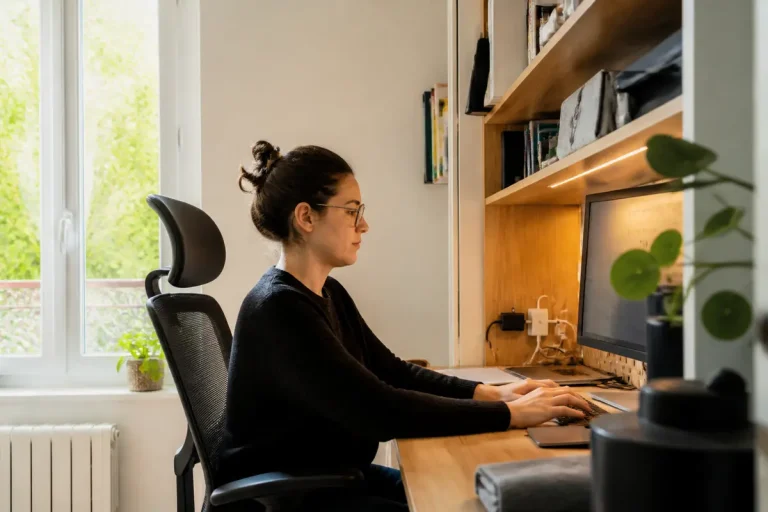 Personne travaillant à un bureau dans petit espace près d'une fenêtre éclairée par la lumière naturelle