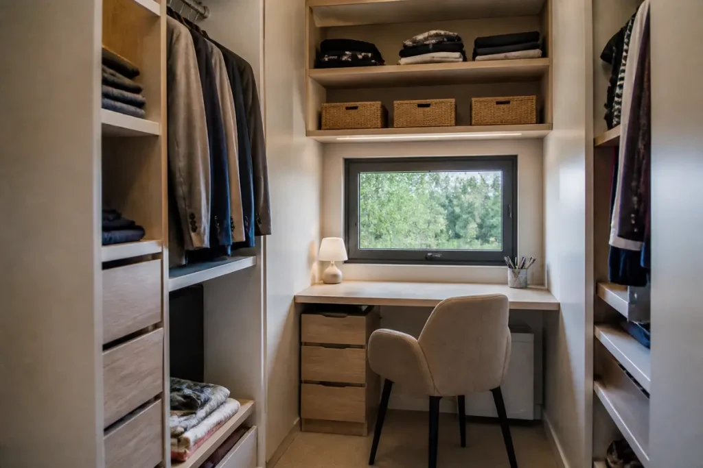 Espace de travail avec bureau intégré dans un dressing moderne avec fenêtre et étagères organisées