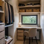 Espace de travail avec bureau intégré dans un dressing moderne avec fenêtre et étagères organisées