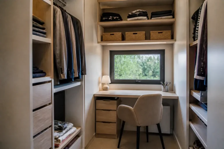 Espace de travail avec bureau intégré dans un dressing moderne avec fenêtre et étagères organisées
