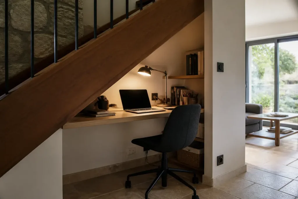 Espace de travail aménagé sous un escalier avec bureau, chaise et ordinateur portable