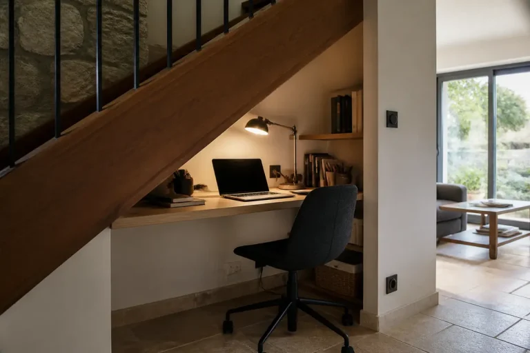 Espace de travail aménagé sous un escalier avec bureau, chaise et ordinateur portable