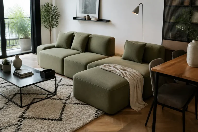 Salon moderne avec canapé tendance 2025 vert, table basse et tapis géométrique beige
