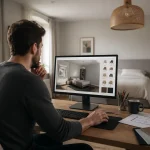 Personne travaillant sur une modélisation de chambre 3D sur un ordinateur de bureau