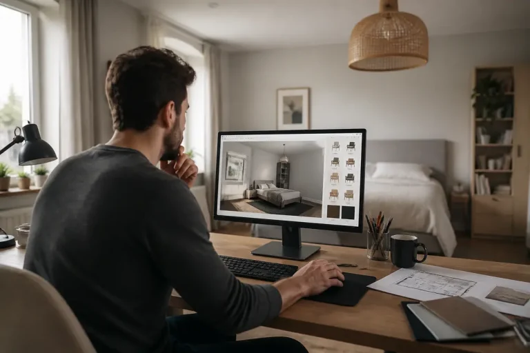 Personne travaillant sur une modélisation de chambre 3D sur un ordinateur de bureau