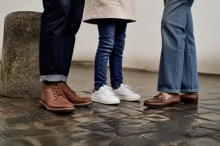Trois personnes chaussant des chaussures à la mode sur un trottoir pavé