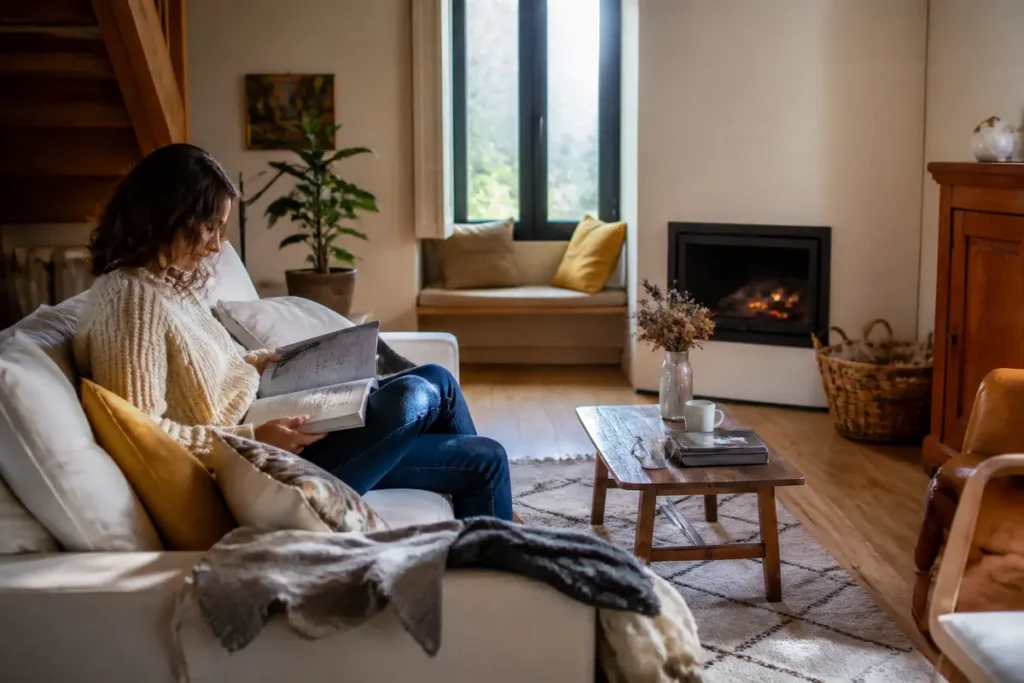 Femme lisant sur canapé dans une confortable maison avec cheminée et décoration chaleureuse