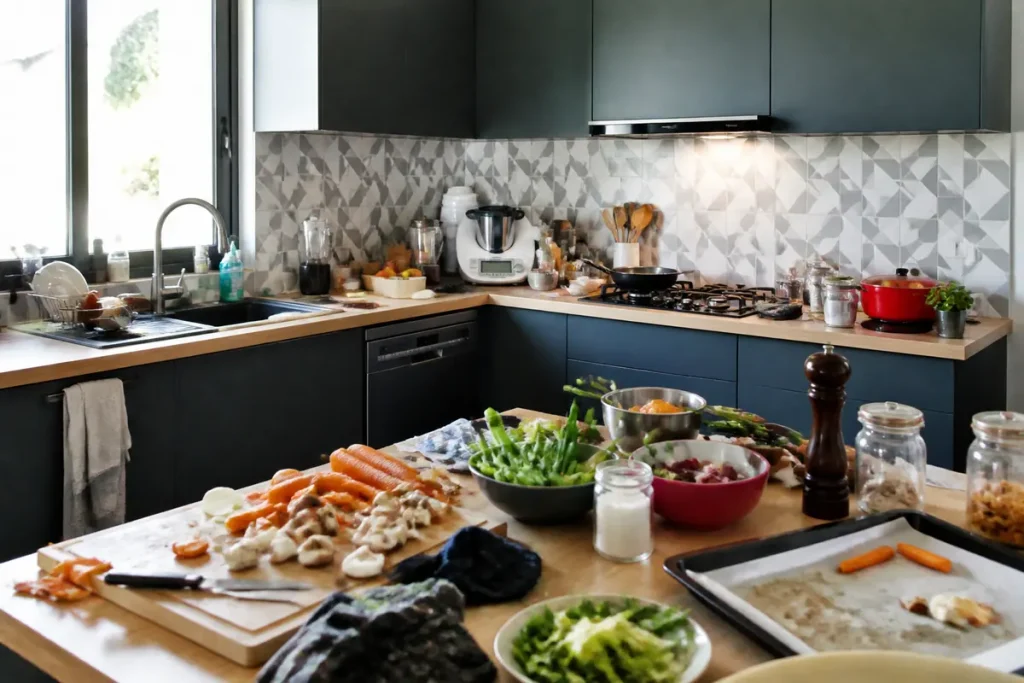 Plan de travail et ustensiles dans une cuisine en L moderne et bien équipée