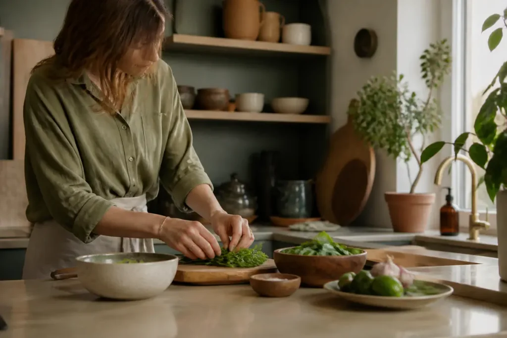 Femme préparant un plat dans une cuisine tendance de 2026 avec plantes vertes.