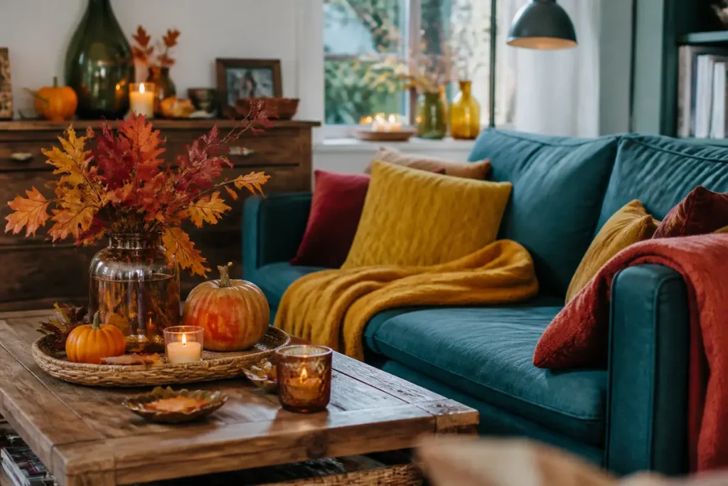 Canapé bleu avec citrouilles et feuilles pour une décoration d'automne chaleureuse et cosy