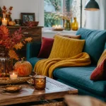 Canapé bleu avec citrouilles et feuilles pour une décoration d'automne chaleureuse et cosy