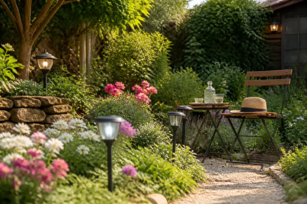 Table et chaises en décoration dans le jardin avec fleurs et lampes solaires classiques