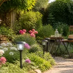Table et chaises en décoration dans le jardin avec fleurs et lampes solaires classiques