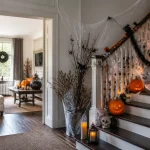 Escalier décoré pour Halloween avec citrouilles sculptées et toiles d'araignée pour décoration halloween