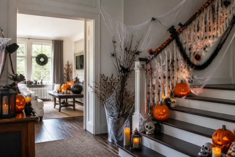 Escalier décoré pour Halloween avec citrouilles sculptées et toiles d'araignée pour décoration halloween