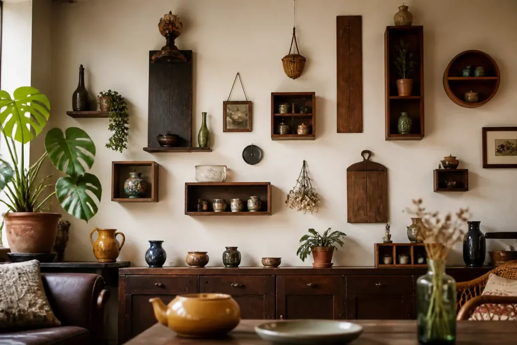 Étagères de bois vintage et plantes pour une élégante décoration murale dans le salon