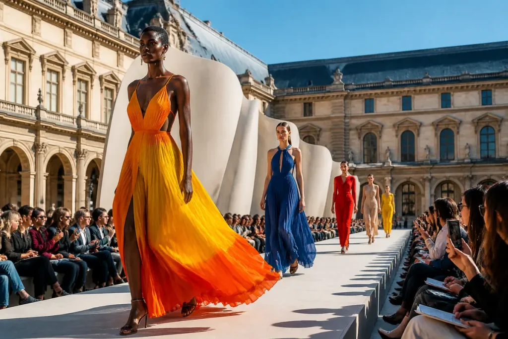 Mannequins défilant en robes colorées lors d'un défilé de mode au Louvre