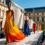 Mannequins défilant en robes colorées lors d'un défilé de mode au Louvre