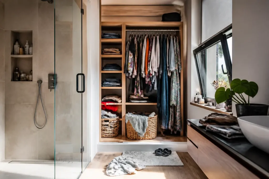 Armoire ouverte et douche moderne dans un espace dressing de salle de bain lumineux