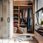Armoire ouverte et douche moderne dans un espace dressing de salle de bain lumineux
