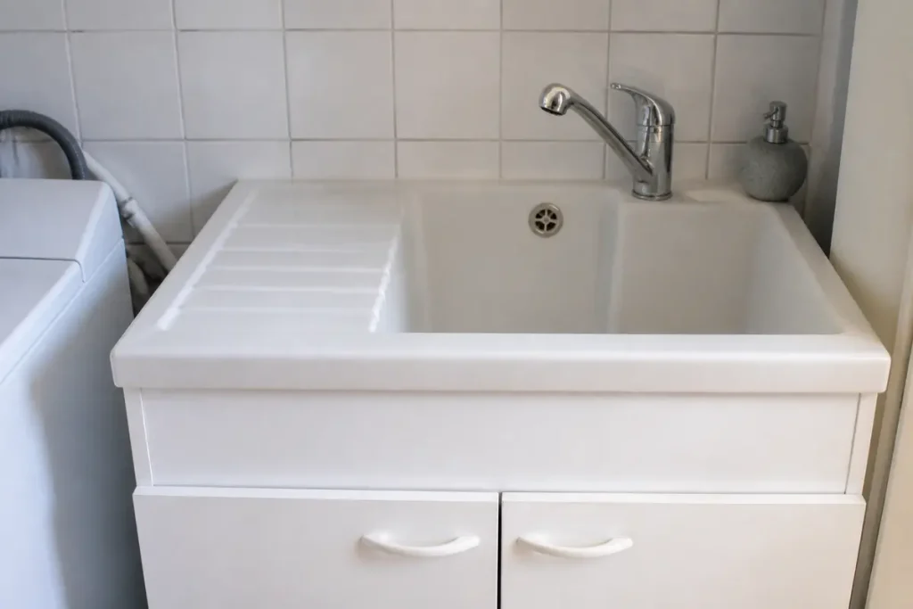 Évier de buanderie avec robinet chromé et meuble sous vasque fonctionnel