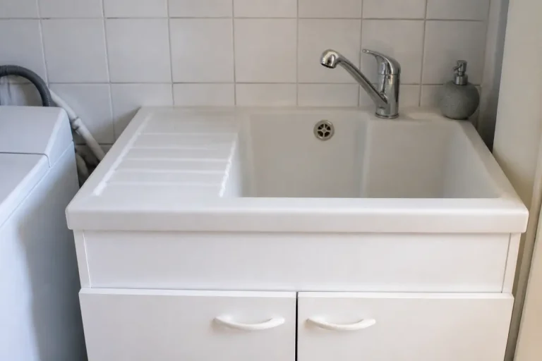 Évier de buanderie avec robinet chromé et meuble sous vasque fonctionnel