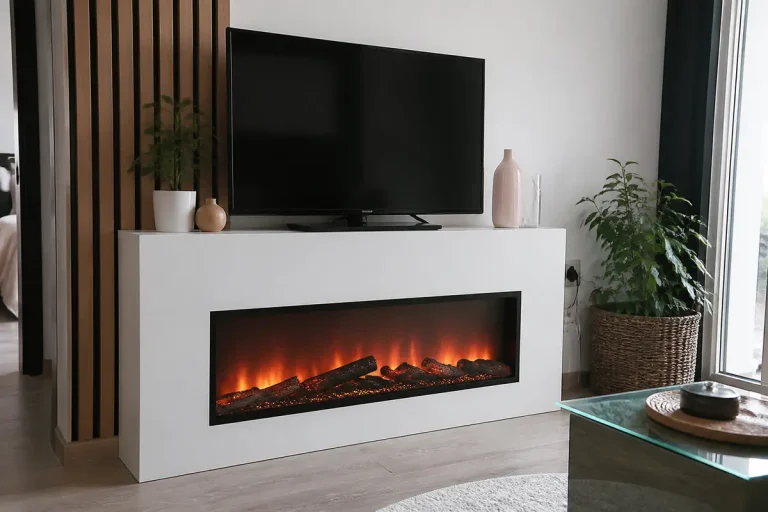 Salon moderne avec télévision sur une fausse cheminée décorative élégante et contemporaine