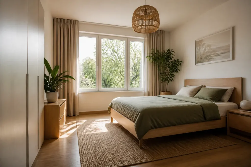 Chambre lumineuse avec décoration feng shui, plantes vertes et mobilier en bois clair