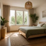 Chambre lumineuse avec décoration feng shui, plantes vertes et mobilier en bois clair