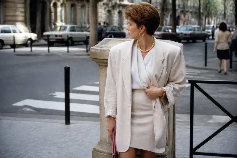 Femme en tailleur blanc élégant illustrant la mode des années 80 en ville