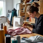 Femme cousant à la machine dans un atelier de mode et travaux textiles créatifs