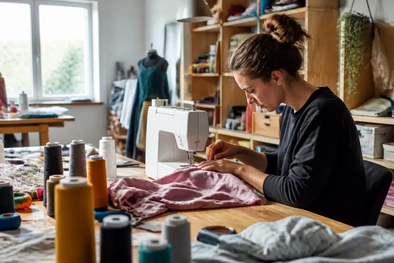 Femme cousant à la machine dans un atelier de mode et travaux textiles créatifs