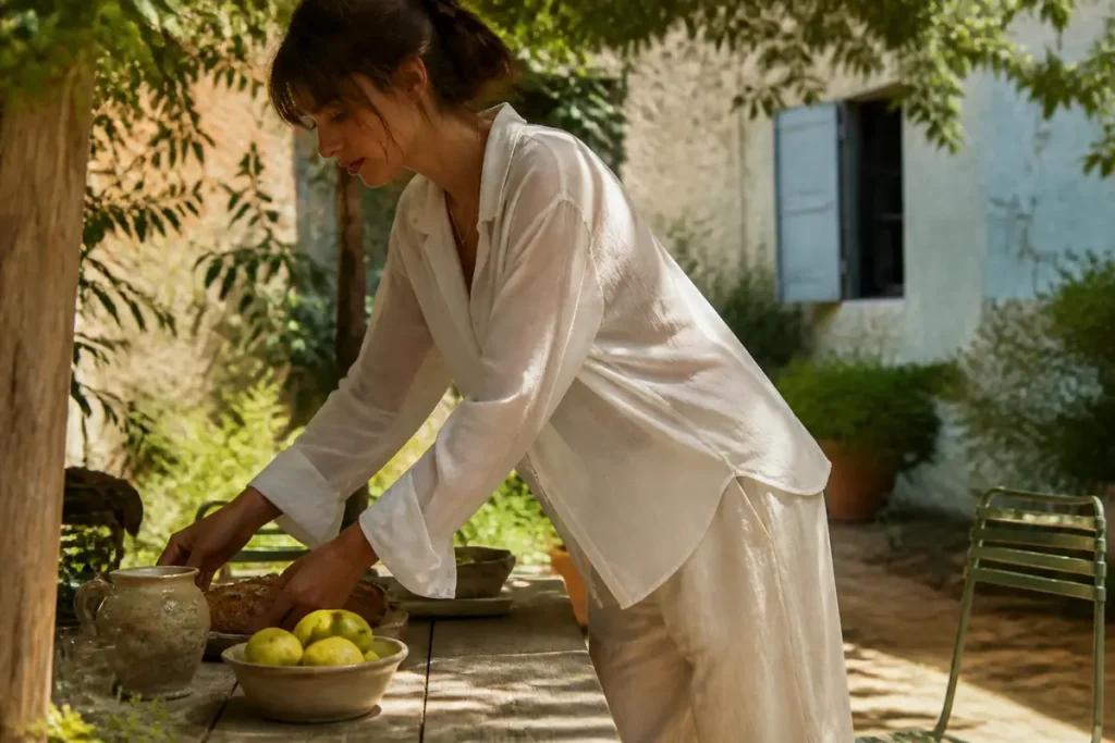 Femme en tenue légère d'été dressant une table, tendance mode femme jardin.