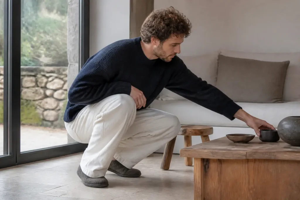 Homme en mode décontracté, habillé d'un pull sombre et pantalon clair, intérieur chaleureux