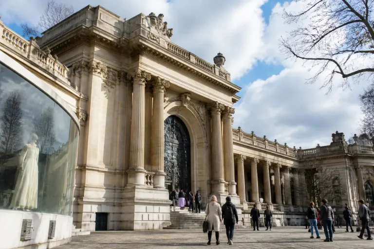 Entrée majestueuse du musée de la mode avec visiteurs et mannequins exposés