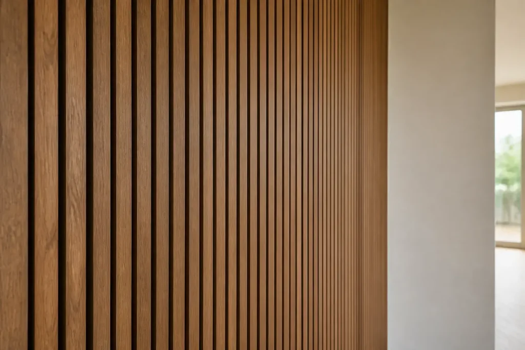 Panneau mural en bois décoratif intérieur avec lamelles verticales élégantes et modernes