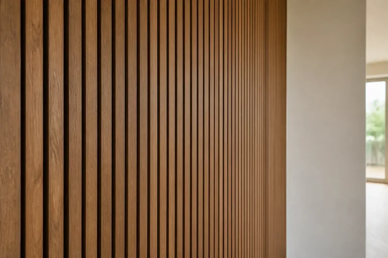 Panneau mural en bois décoratif intérieur avec lamelles verticales élégantes et modernes