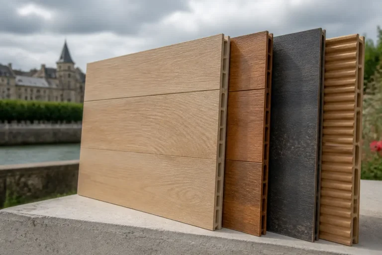 Échantillons de panneaux muraux décoratifs en bois exposés en extérieur devant un bâtiment historique
