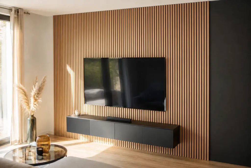 Télévision sur panneau mural décoratif intérieur en bois avec meuble suspendu dans salon moderne