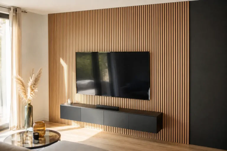 Télévision sur panneau mural décoratif intérieur en bois avec meuble suspendu dans salon moderne