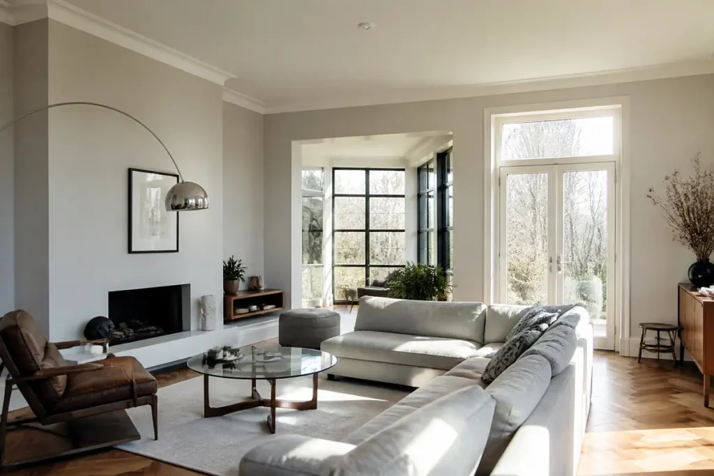Salon moderne avec canapé gris, grande fenêtre et peinture murale élégante