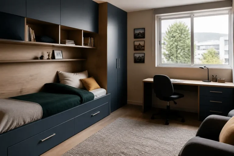Chambre d'ado avec lit intégré, bureau et solutions de rangement optimisées pour adolescents