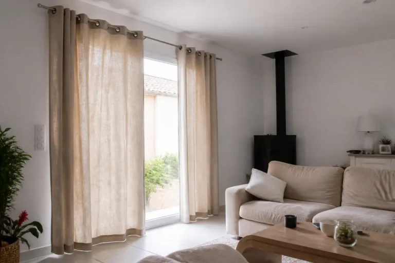 Intérieur avec rideaux pour salon moderne, canapé beige et poêle noir élégant