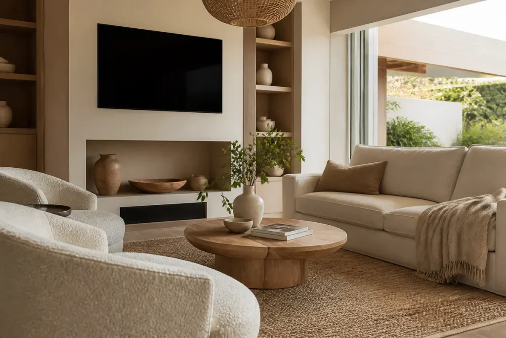 Salon blanc et beige avec canapé, fauteuils, table basse en bois et télévision murale