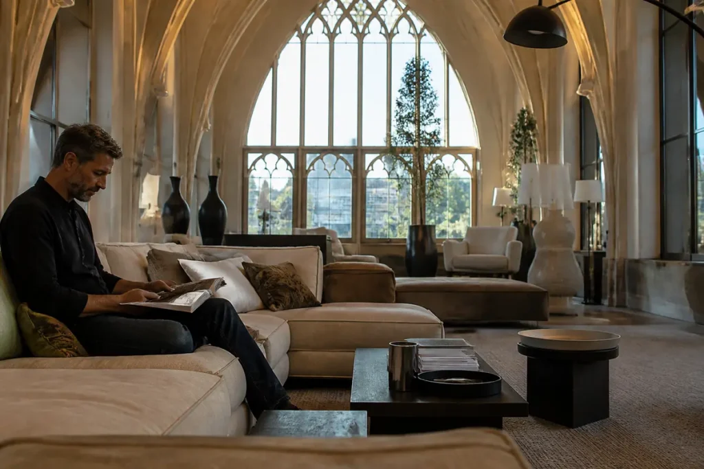 Homme lisant dans un élégant salon cathédrale, décor moderne et arches imposantes